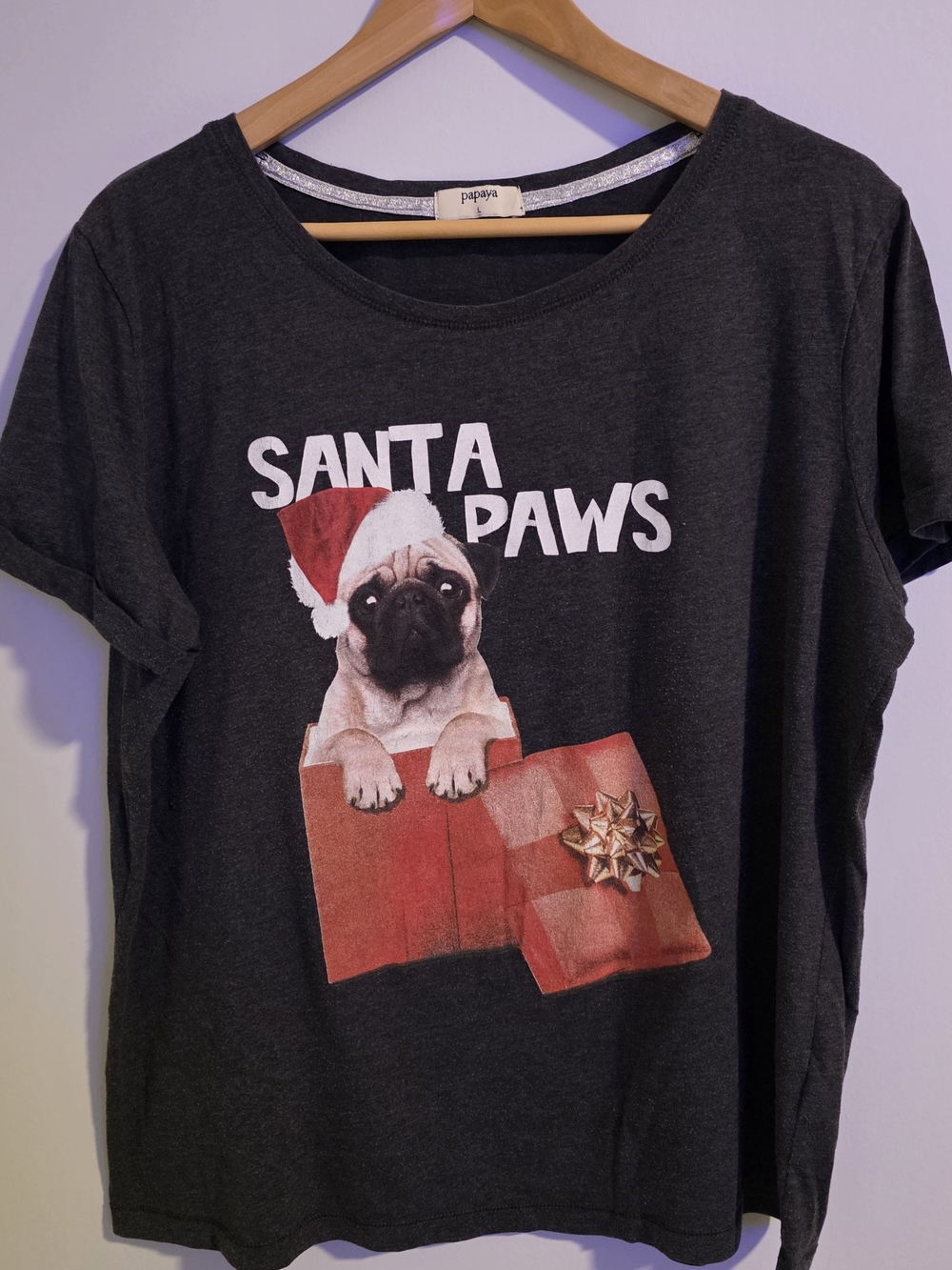 Papaya Santa Paws Christmas Pug Graphic T-Shirt Large Holiday Tee L